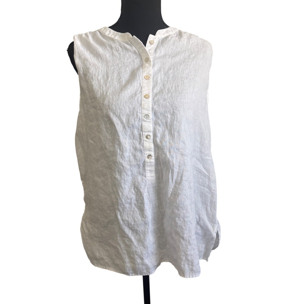 Tahari Womens XL White 100% Linen Sleeveless Henley Blouse Coastal Travel Resort